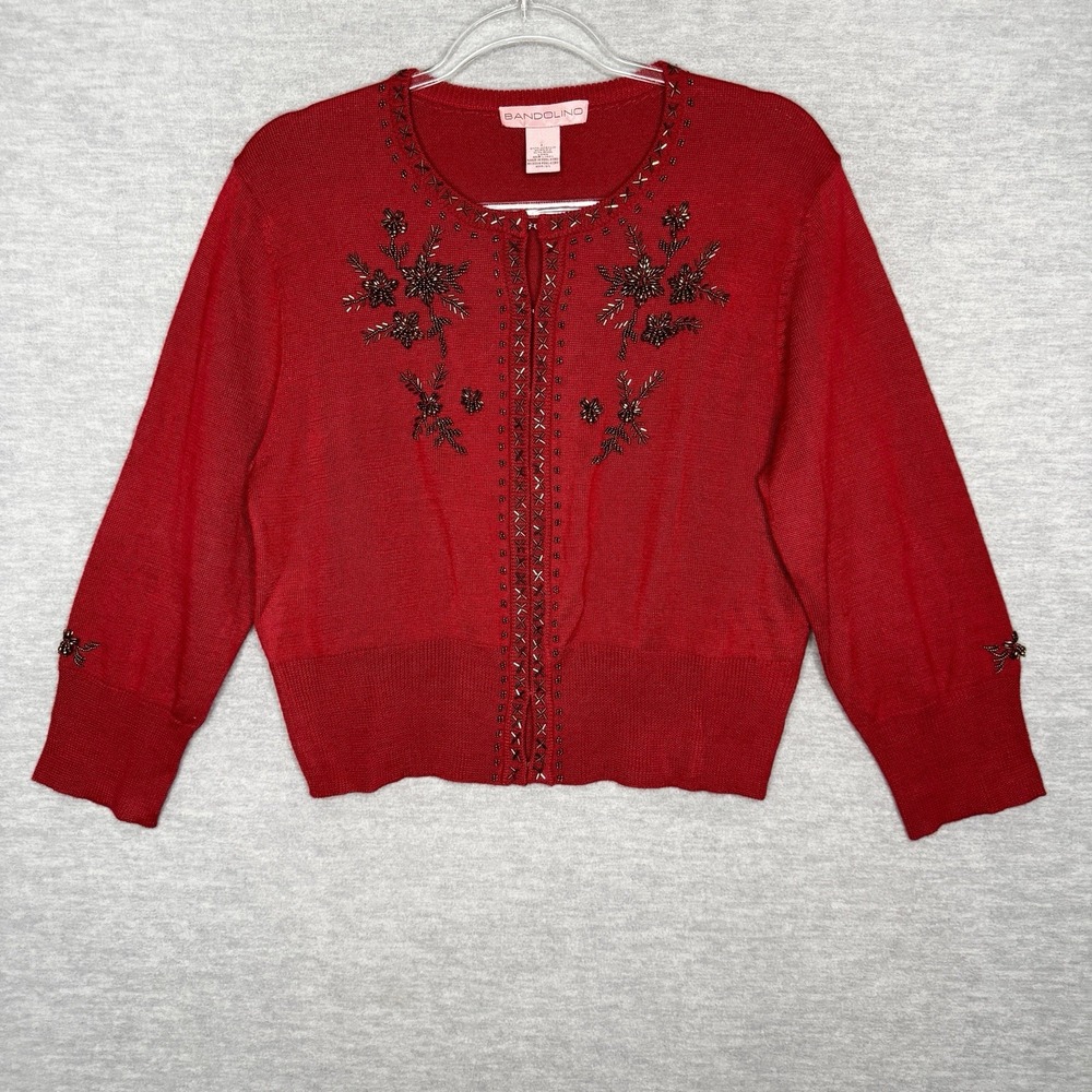 Vintage Inspired Beaded Wool Blend Cardigan Sweater Women Red Burgundy Bandolino